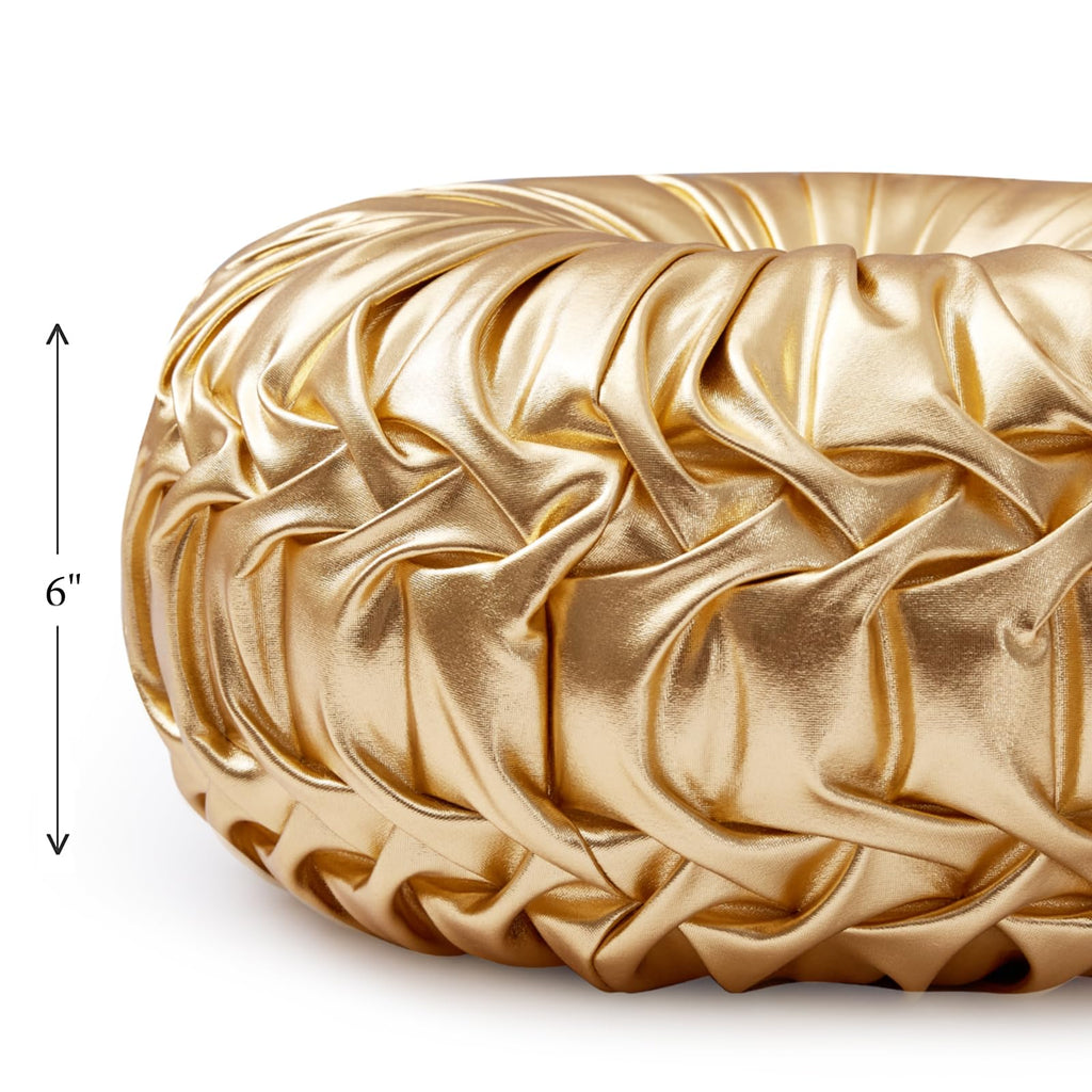 Gold Throw Pillows, Circular Pillow, Pumpkin Pleated Handmade Throw Pillows, Gold Pillows, Smooth Metallic Leather