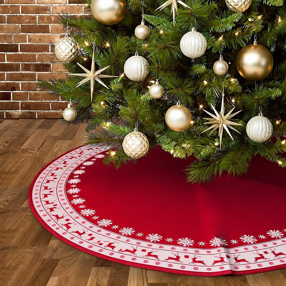 Christmas Tree Skirt, Red Tree Skirts 48 Inch with Snowflake Reindeer Rustic Farmhouse Xmas Tree Skirt Christmas