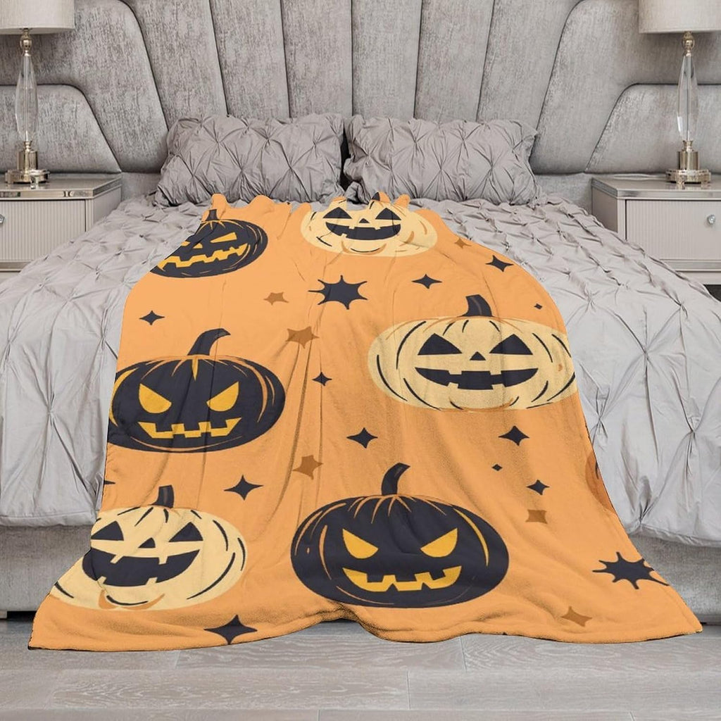 Farmhouse Checkered Pumpkin Vine Halloween Fleece Throw Blanket, Cozy Decor Blanket for Sofa Living Room Fall Holiday