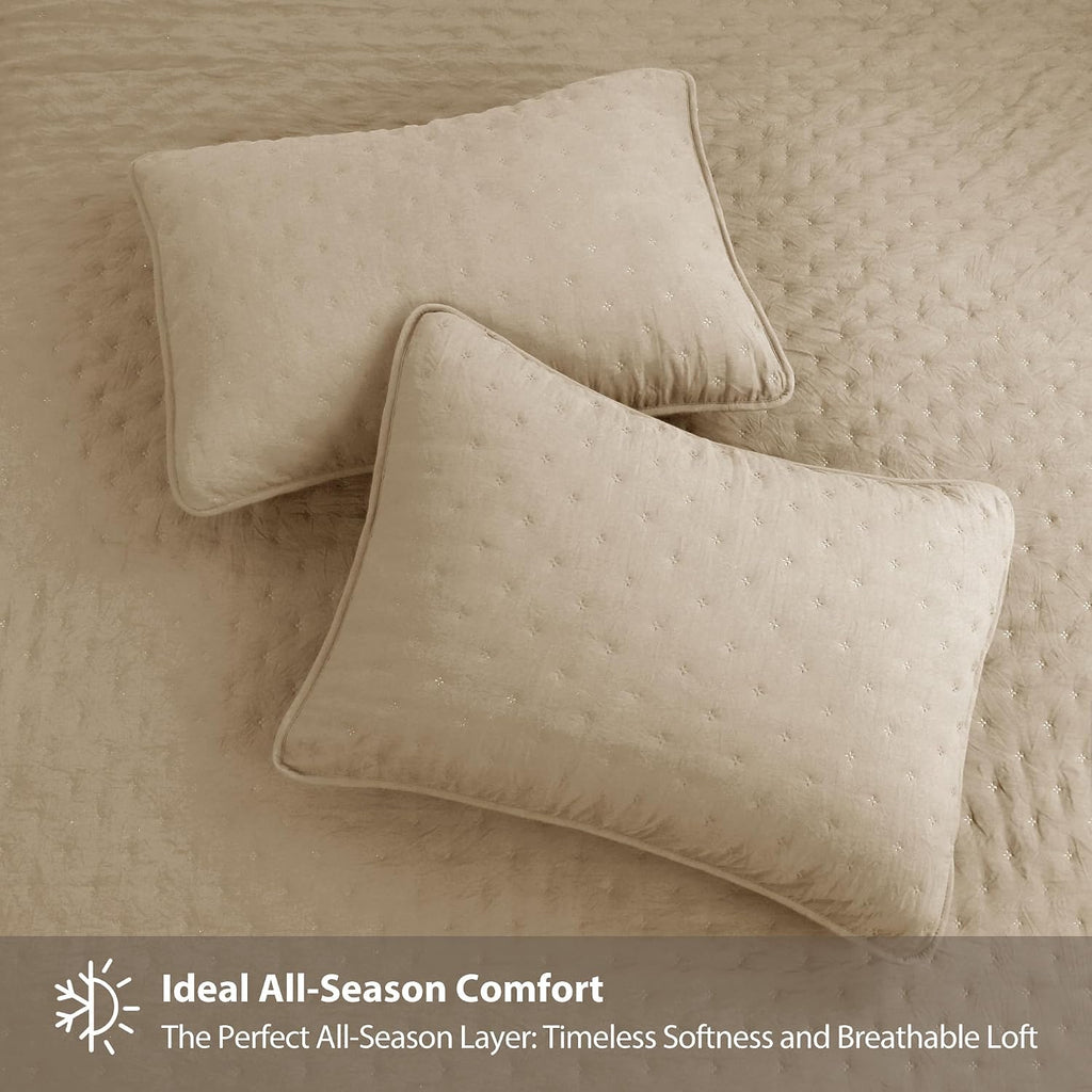 Beige Cloud Queen Quilt Bedding Sets with Pillow Shams, Farmhouse Lightweight Soft Bedspread Coverlet, All Season