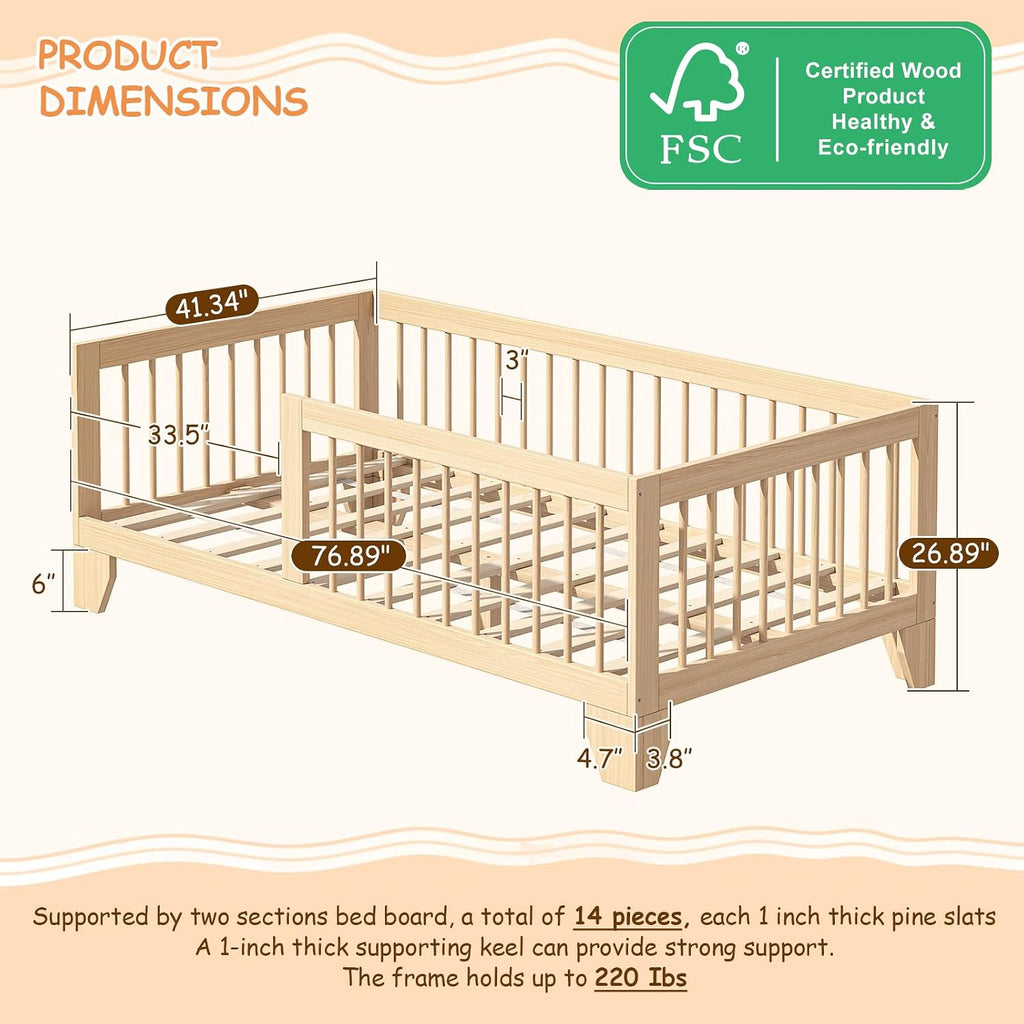 Montessori Floor Bed for Kids, Removable Rails, Burlywood