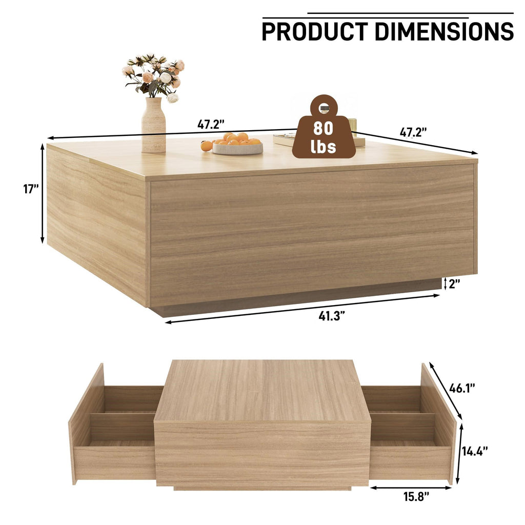47 Inch Large Square Coffee Table with Storage, Wooden Coffee Table((OAK)