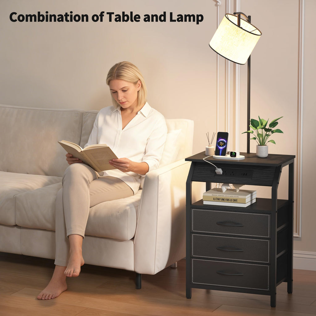 End Table with Floor Lamp Set of 2, Nightstand with Charging Station, Floor Lamp Table with 3-Color Temperature Bulb