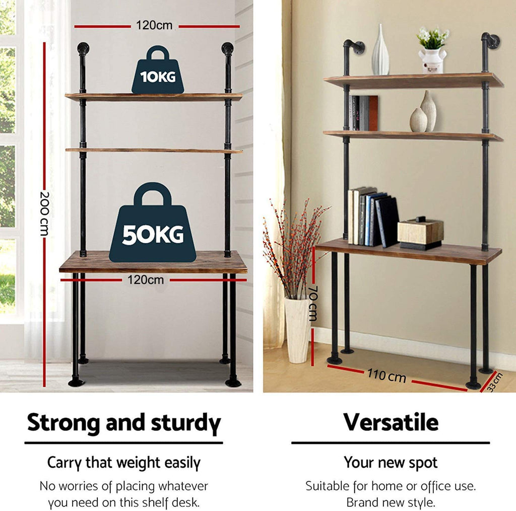 Industrial Style Office Decor, Computer Desk 47.2"×20"×79" with 2-Tier Storage Pipe Shelves, Bookshelf Laptop