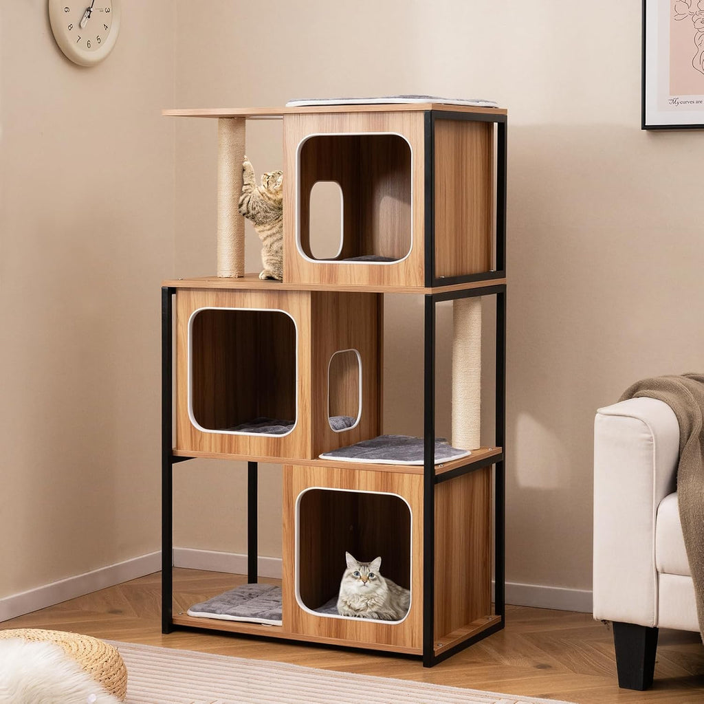 52-inch Wood Cat Tree for Indoor Cats, Multi-Level Solid Metal Framed Wooden Cat Tower with Sisal Scratching Posts