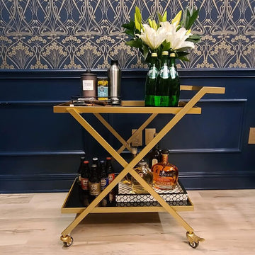 Gold Finish Bar Cart on Wheels, No-Tool Assembly 2-Tier Serving Cart with Black Tempered Glass Shelves & Locking