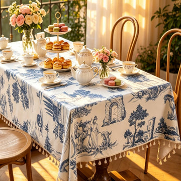 French Toile De Jouy Tablecloth with Handmade Tassels, Cotton Linen Blend Vintage Farmhouse Rectangular Table Cover
