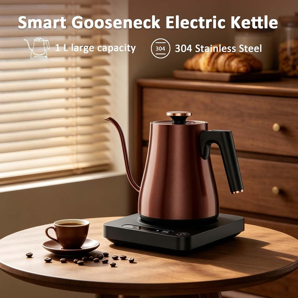 Gooseneck Electric Kettle 1.0L,1000W, Smart, Pour Over, Copper | 104-212°F, LED Digital Display, Touch control, Keep