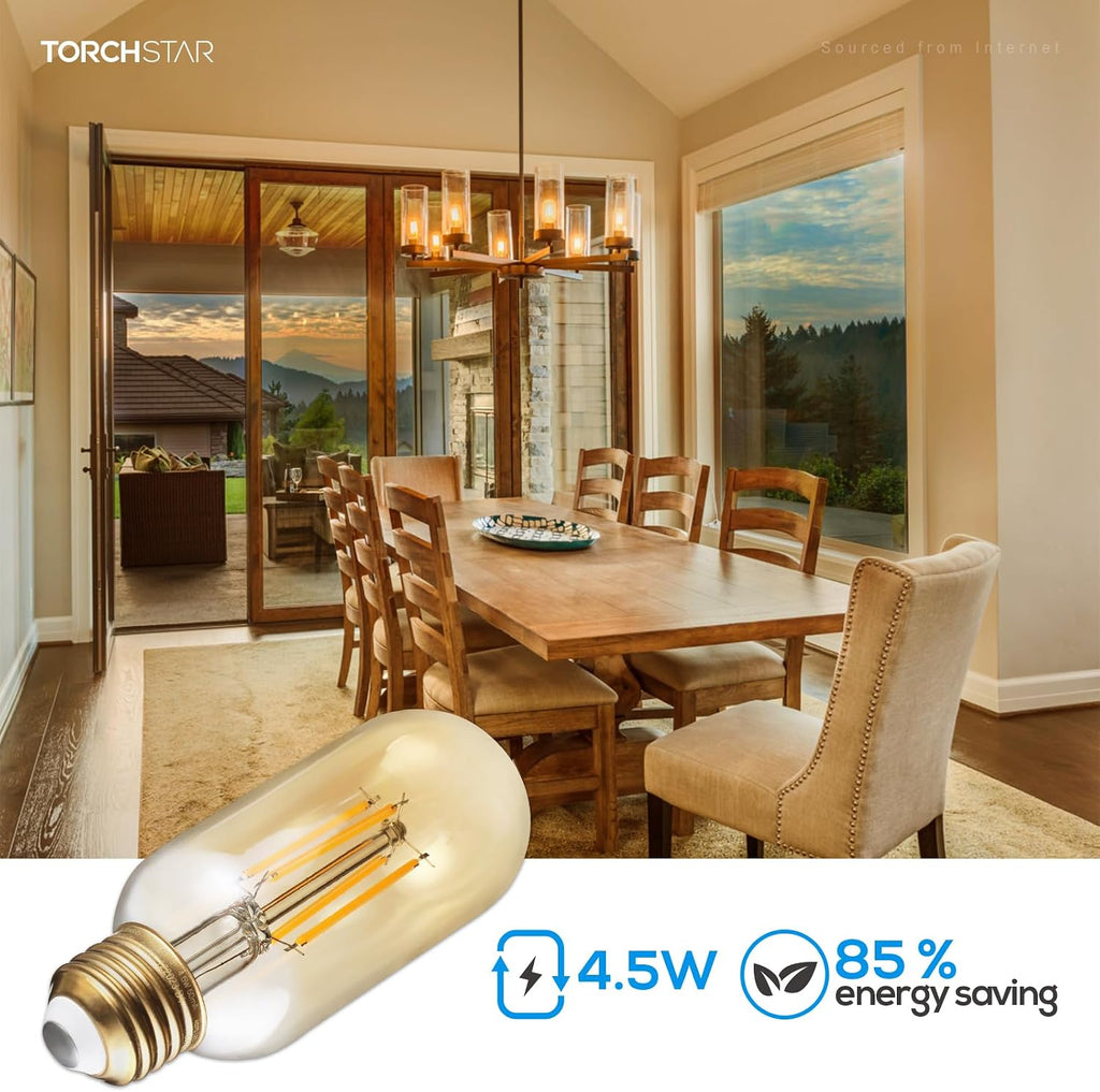 LED Tubular Light Bulb Dimmable, Amber Warm Glass, 2200K