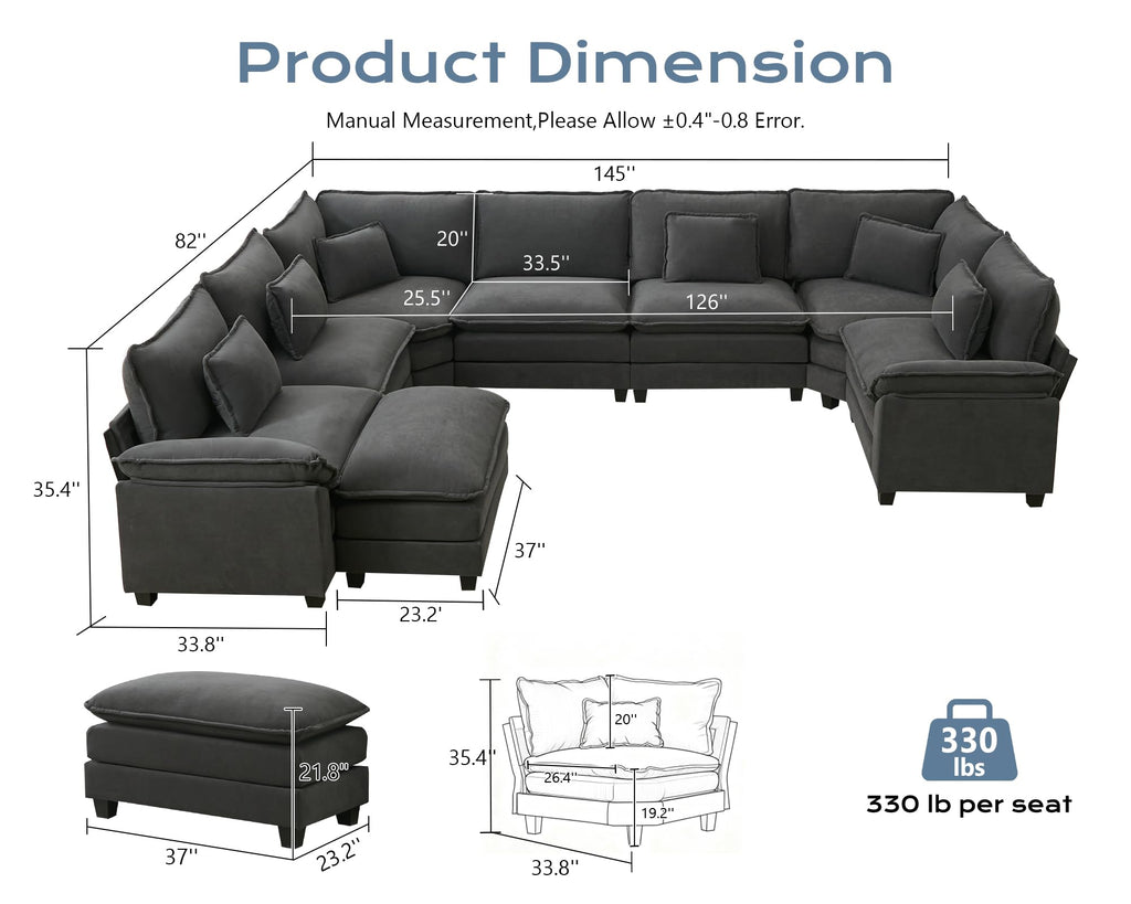 145" Oversized Modular Sectional Sofa U-Shaped Corner Cloud Couch with Ottoman, Convertible Deep Seat Velvet Couch