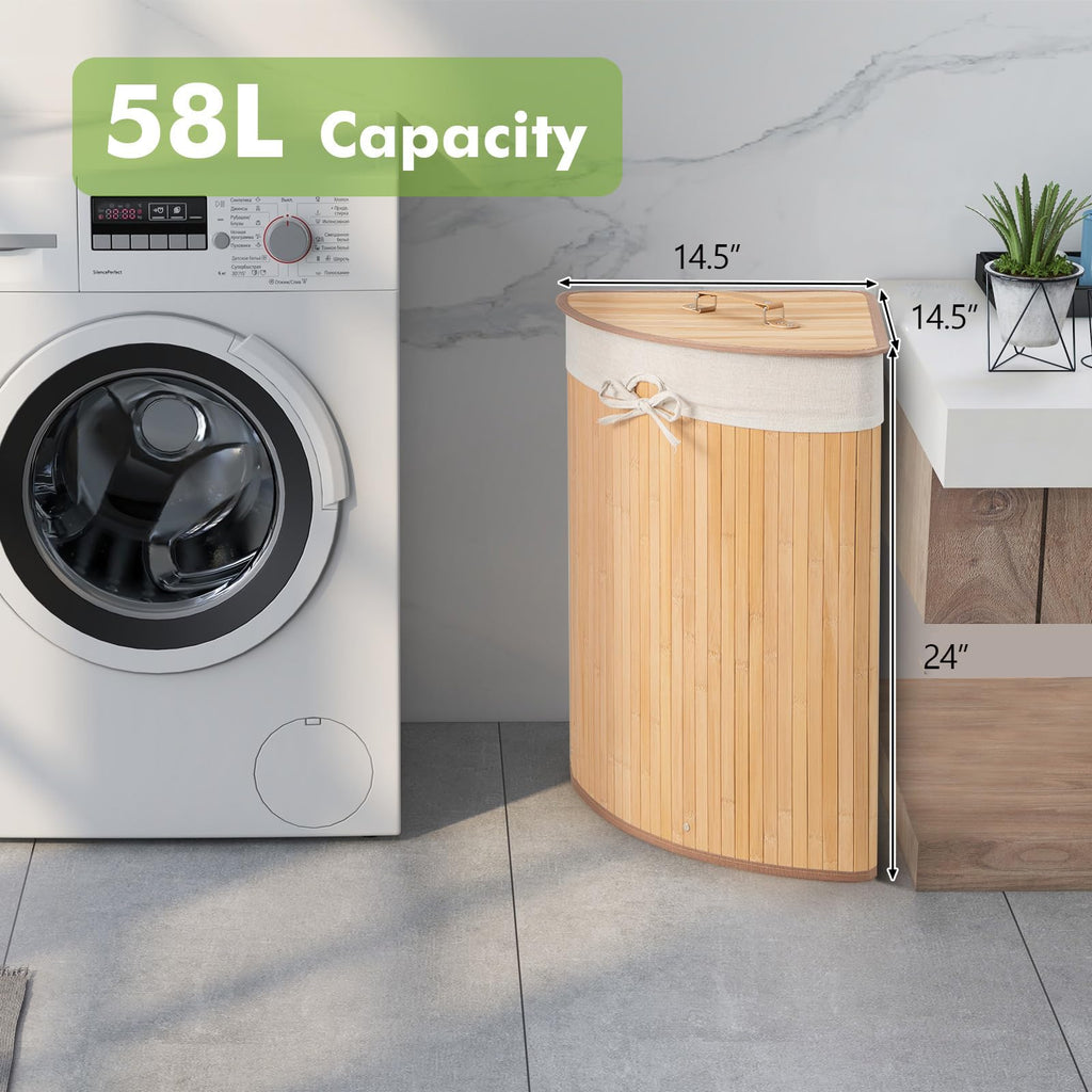 58 L Corner Laundry Hamper w/Lid, Removable Liner, Handle Natural