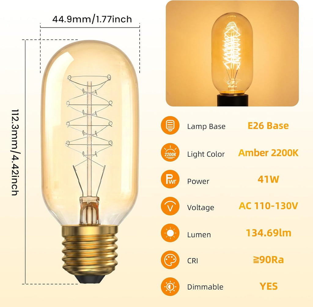 E26 T45 Vintage Edison Light Bulbs 41W 2200K Warm Amber Bulbs