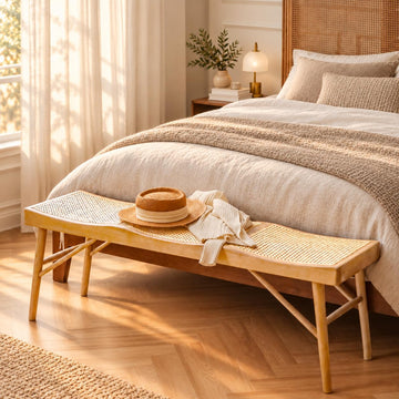 55" Modern Dining Bench, Solid Oak Wood Bench with Rattan Seat, Entryway Bench Table, Indoor Wooden Bench, Easy