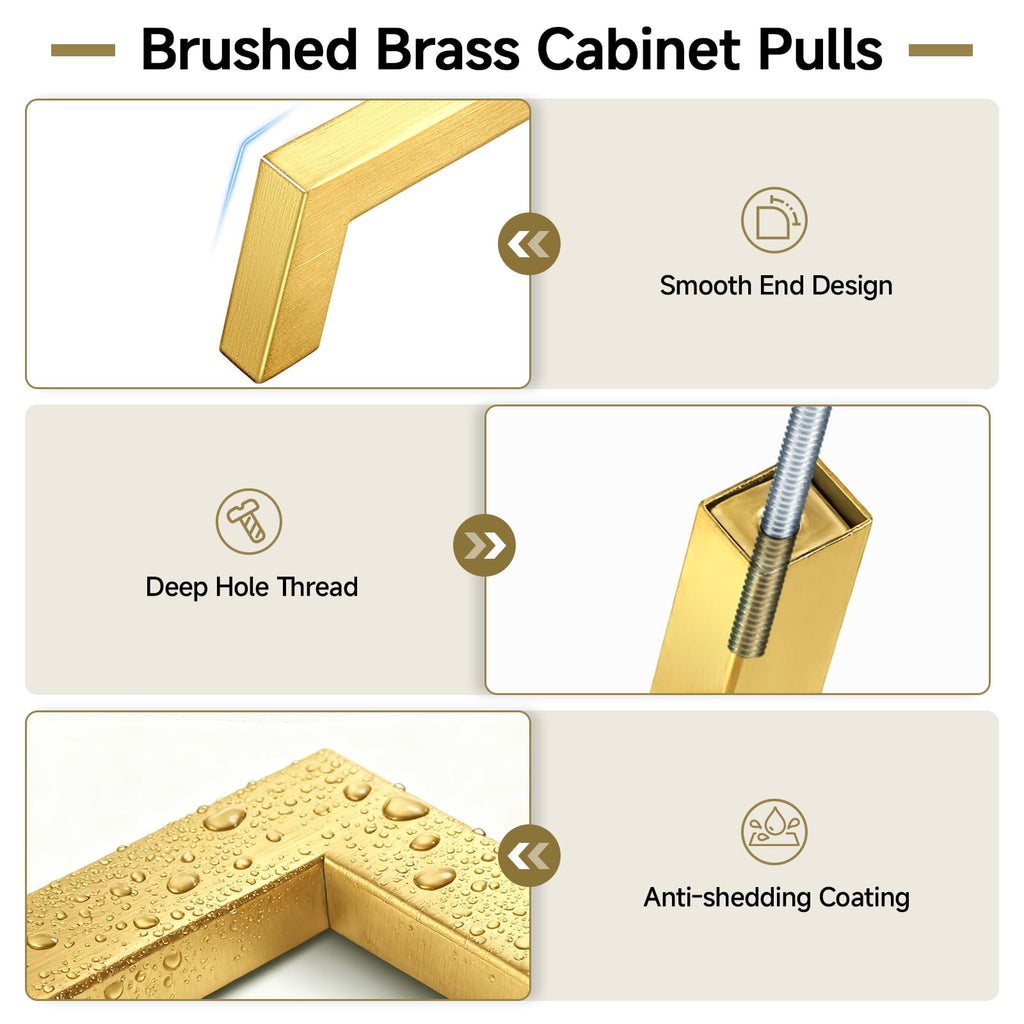 10 Pack 5 Inch Gold Cabinet Handles Brushed Brass Cabinet Pulls, Stainless Steel Kitchen Cabinet Handles Square Pulls