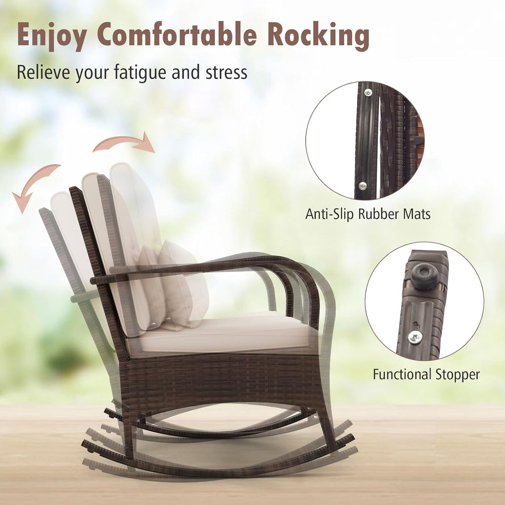 Outdoor Rocking Chairs Set of 2, 3 Piece PE Wicker Patio Bistro Set | Coffee Table & Thick Cushions, Rattan Patio