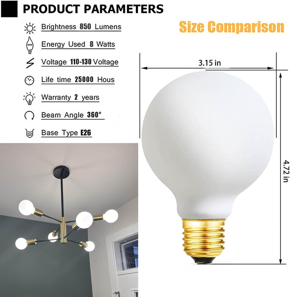 E26 LED Light Bulb G25 Dimmable Flick-Free Matt White 8W Daylight 4000k CRI95 850LM, 100W Equivalent Vintage LED