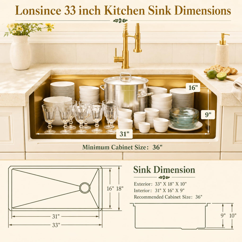 Gold Kitchen Sink Offset Drain, 33"X18" Undermount Single Bowl Sink