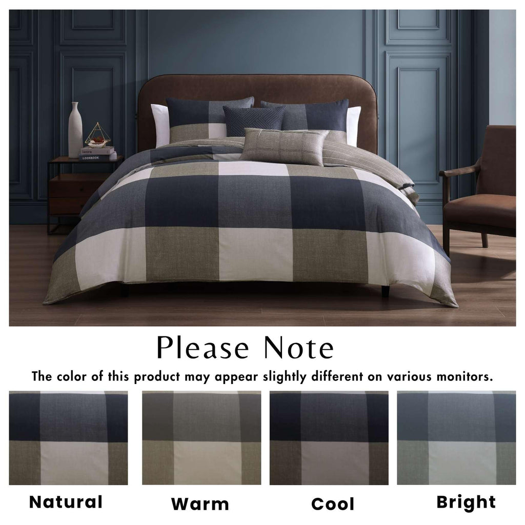 Checkered Navy Tan 5 Piece Reversible Comforter Set