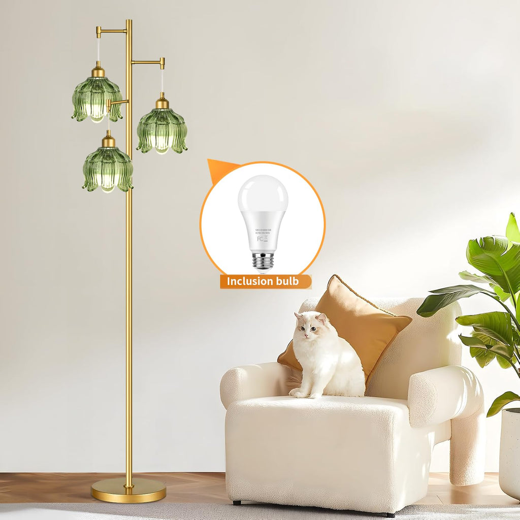 Vintage Floor Lamps Bedroom-3 Light Gold Floor Lamp with Glass Lampshape, Flower Green Tall Lamp Mid Century Modern