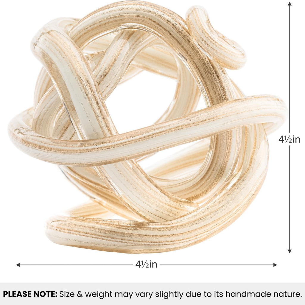 Orbit Hand Blown Glass Infinity Knot Sculpture - 4.5 Inch Glass Art White & Gold Knot Decor Ball Decor, Small