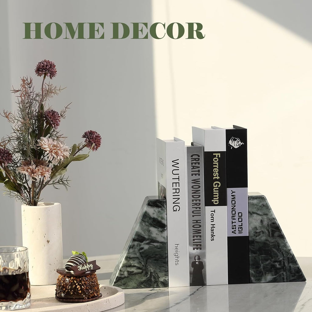 Marble Bookends for Heavy Books, Decorative Bookends for Shelves, Green Stone Book Ends, Heavy-Duty Book Ends for