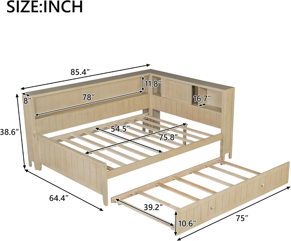 Full Size Daybed with Trundle and Shelves, Wood Corner Bed Frame with Bookcase and Headboard