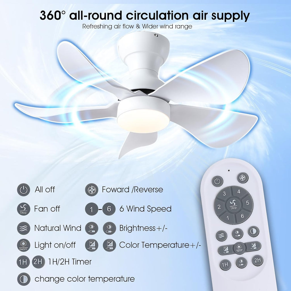 30 In Small Ceiling Fan with Light Remote Control Reversible, White