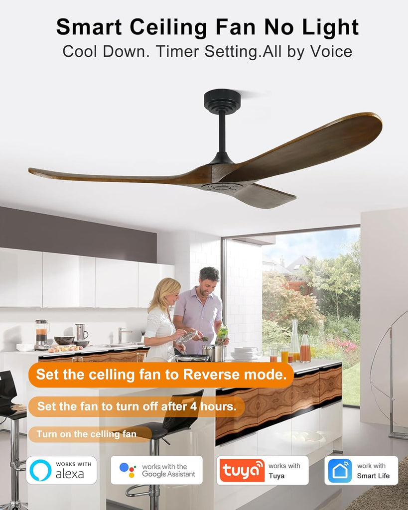 52 Inch Outdoor Ceiling Fans without Lights, Smart Wood Ceiling Fan no Light with Remote Control & Alexa/Google