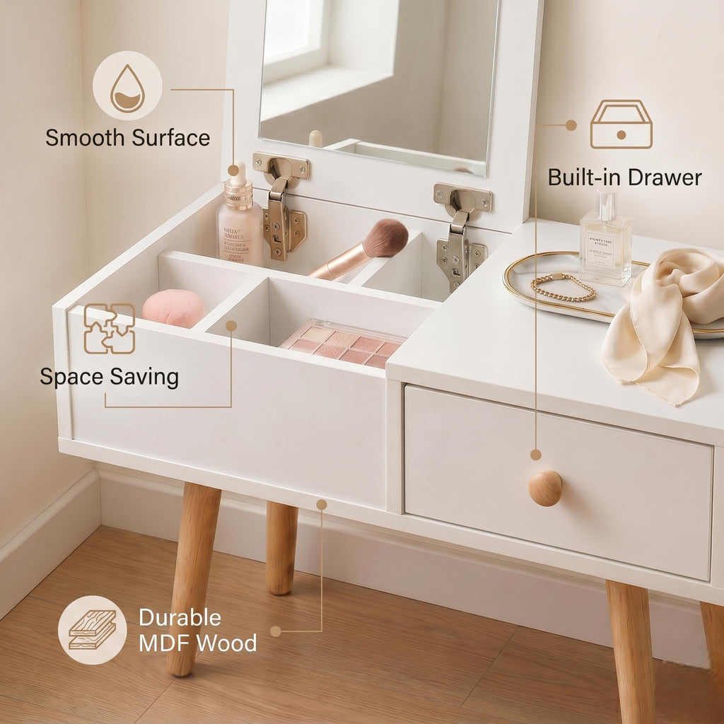 2-in-1 Floor Makeup Vanity & Nightstand - Modern Low-Profile Dressing Table with Solid Wood Legs - Compact Bedroom