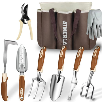 Gardening Tools Set of 9 Heavy Duty Garden Tools with Non-Slip Rubber Grip with Large Garden Bag for Tools Durable