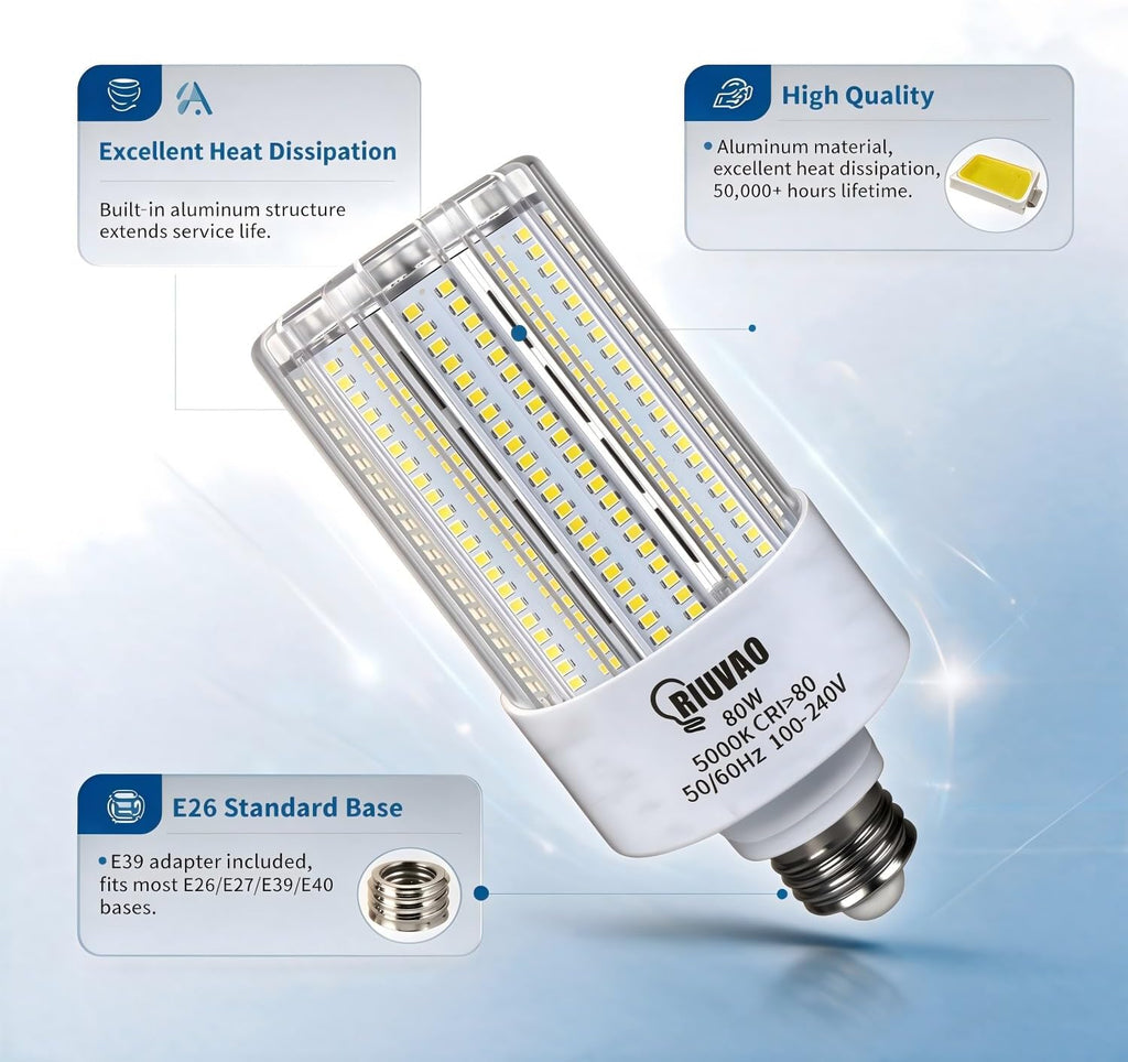 Led Corn Bulb 800W Equivalent 5000K Daylight 12000Lm Super Bright E26/E39 Base 80W Led Bulbs, Replace Metal Halide