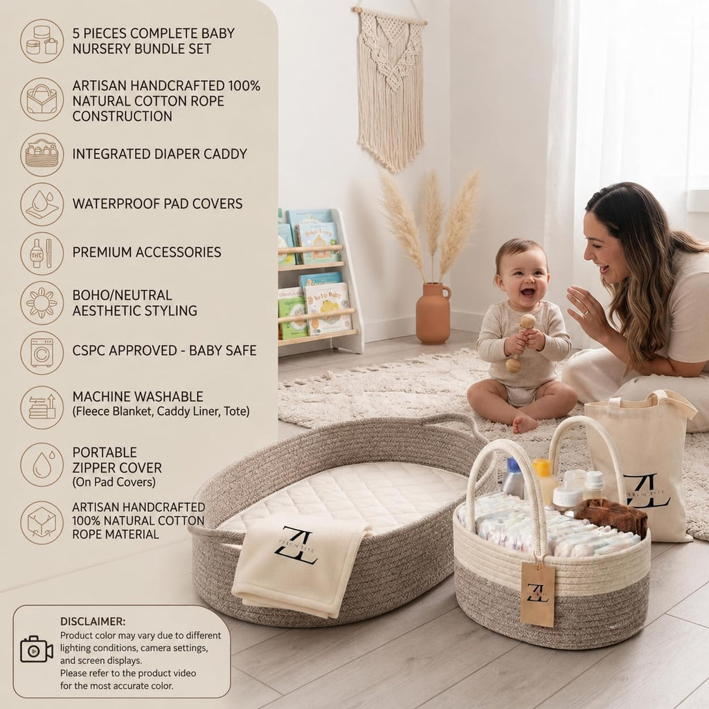 Baby Changing Basket Set, 100% Natural Woven Cotton Rope