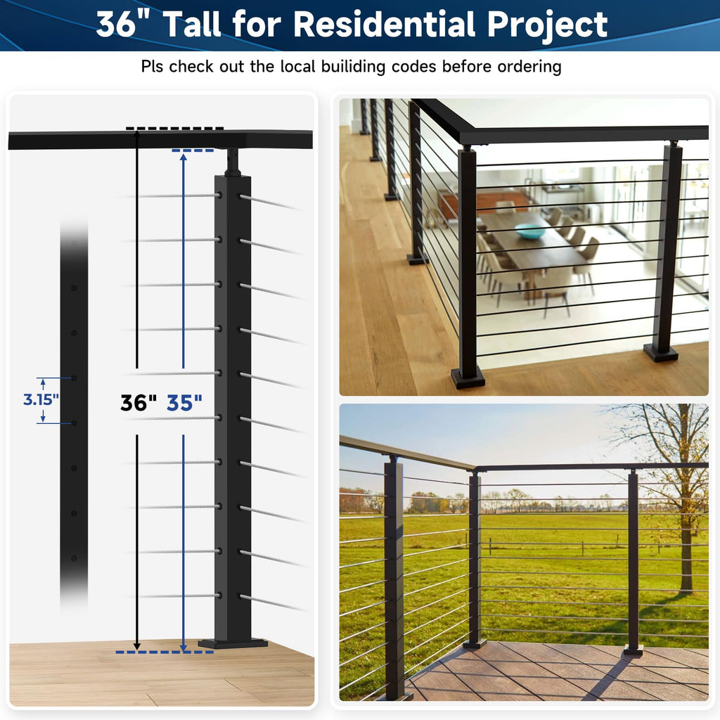 36" Modular Black Cable Railing Corner Post, L-Drilled Two-Side Hole