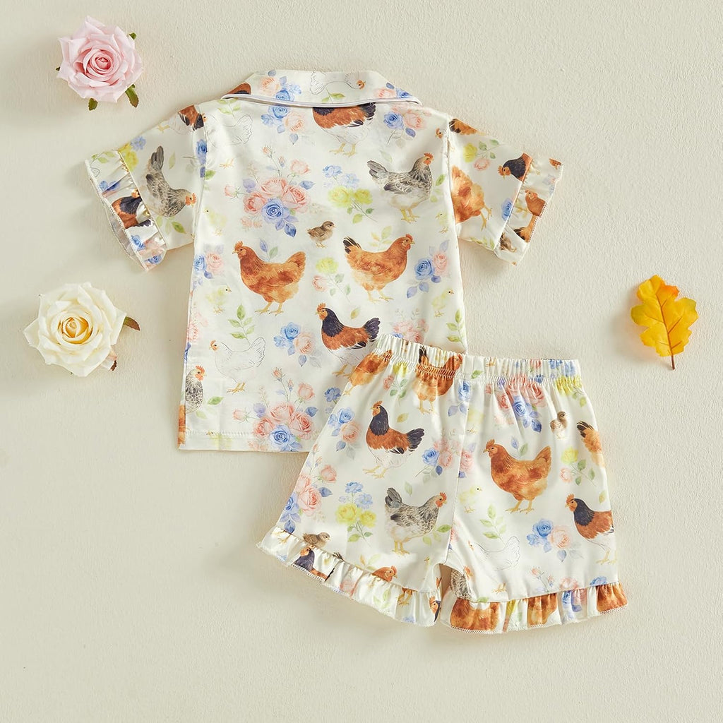 Toddler Girls Birthday Pajamas Goose Print Tops Shorts Set Silk Sleepwear