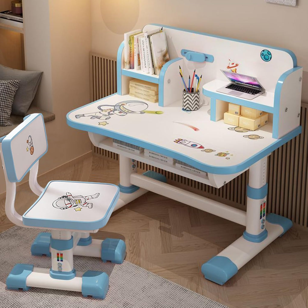Kids Functional Desk and Chair Set, Height Adjustable Children School Study Table Chair Set with Cartoon Pattern