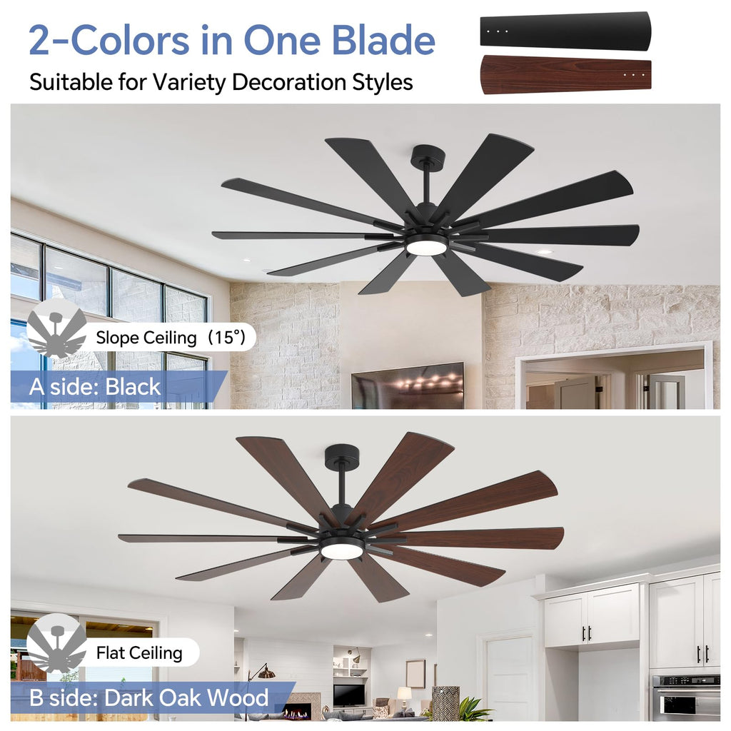 Modern Ceiling Fans with Lights, 62 inch Large Black Ceiling Fan with Light and Remote, Door/Outdoor use Patio, 6