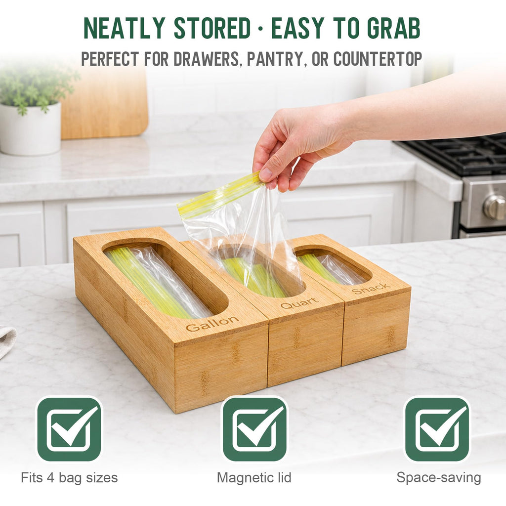 Storage Bag Organizer Drawer, 5-Slot, Bamboo