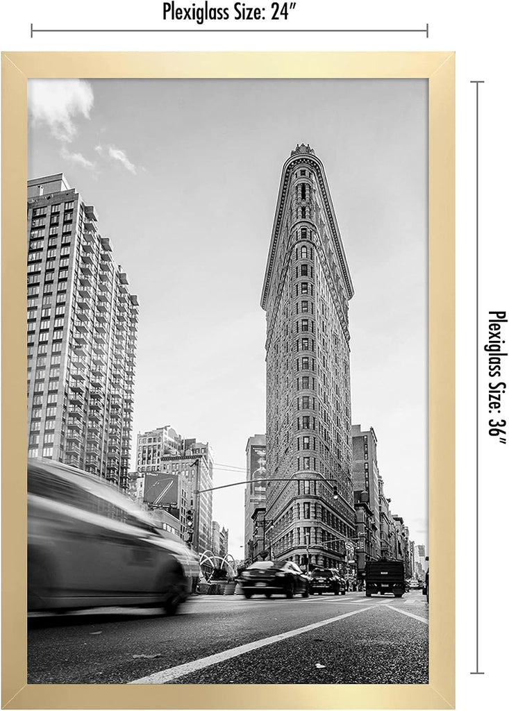 24x36 Poster Frame - Gold Engineered Wood with Polished Plexiglass - Wide Picture Frame for Vertical or Horizontal