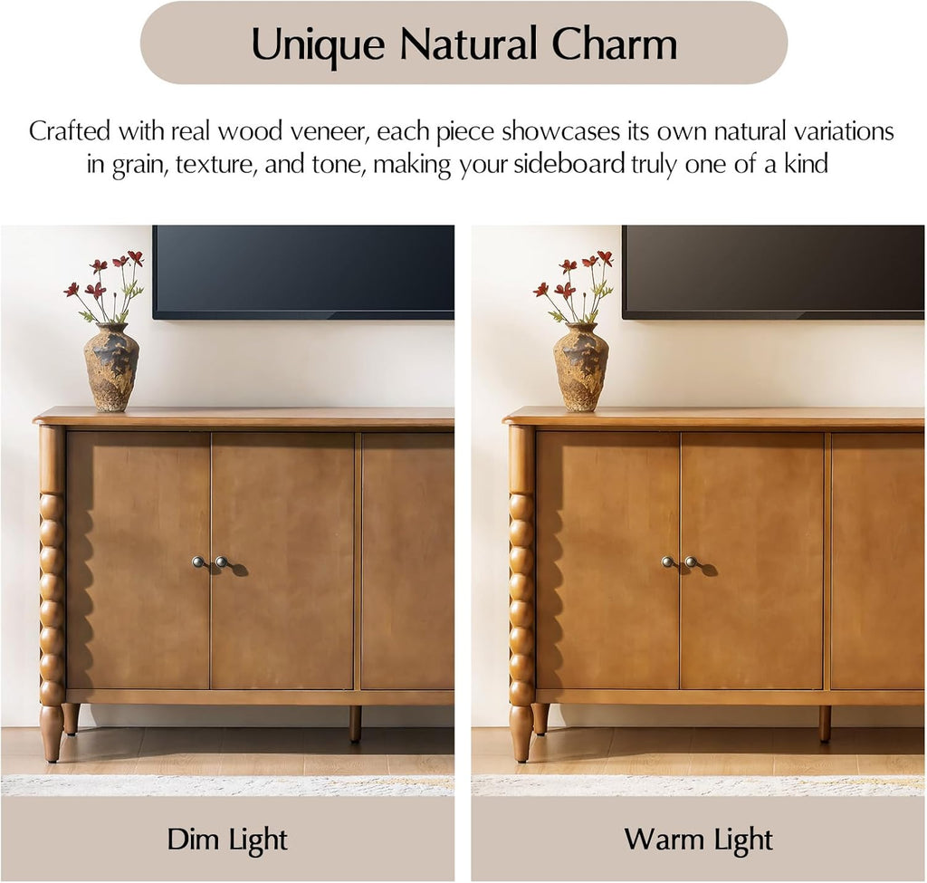 60" Sideboard Cabinet with Spindle Design, Transitional Storage Cabinet with 4 Doors, Adjustable Shelves