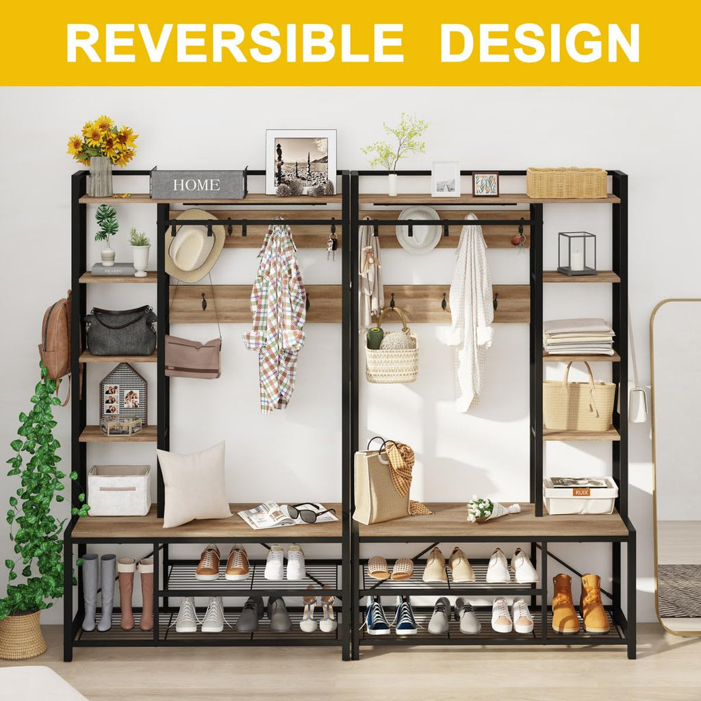 Farmhouse Hall Tree, Mudroom Bench with Shoe Storage, Large Coat Rack Shoe Bench with 5 Tier Open Shelves