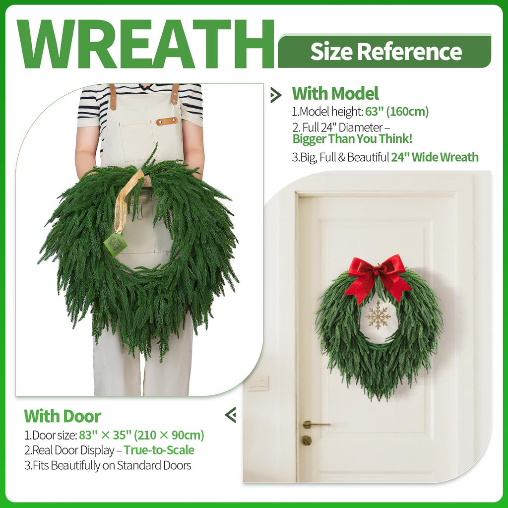 24" Norfolk Pine Christmas Wreath for Front Door - Large Artificial Greenery Wreath for Wall, Porch, or Indoor