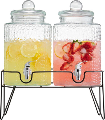 Premium Glass Drink Dispensers with Metal Stand for Parties - Beverage Dispenser Set for Cold Drinks, Lemonade