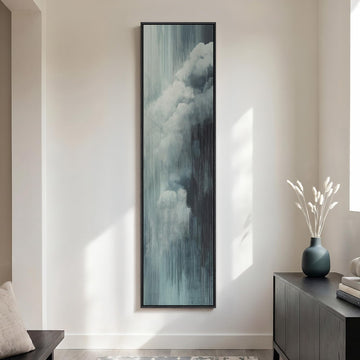 Framed Long Narrow Blue Cloud Abstract Modern Vertical Wall Art, 14x56 Inch