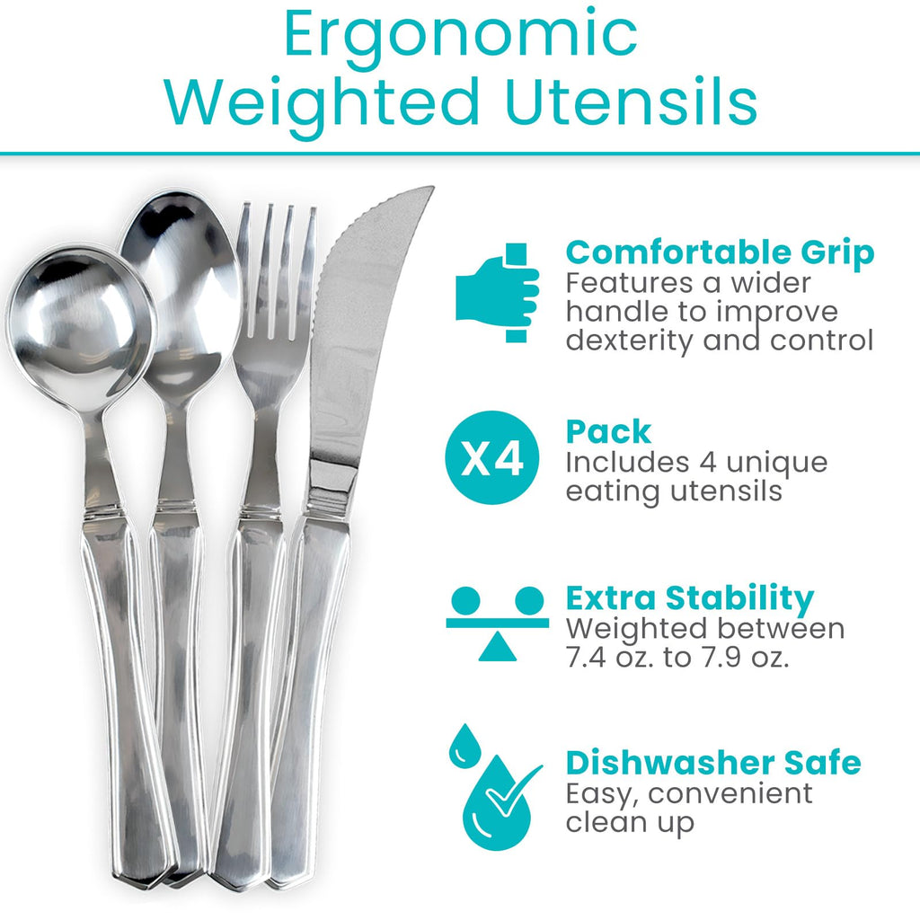 Weighted Utensils (4 Piece) - Parkinson Spoon and Fork Set Plus Knife