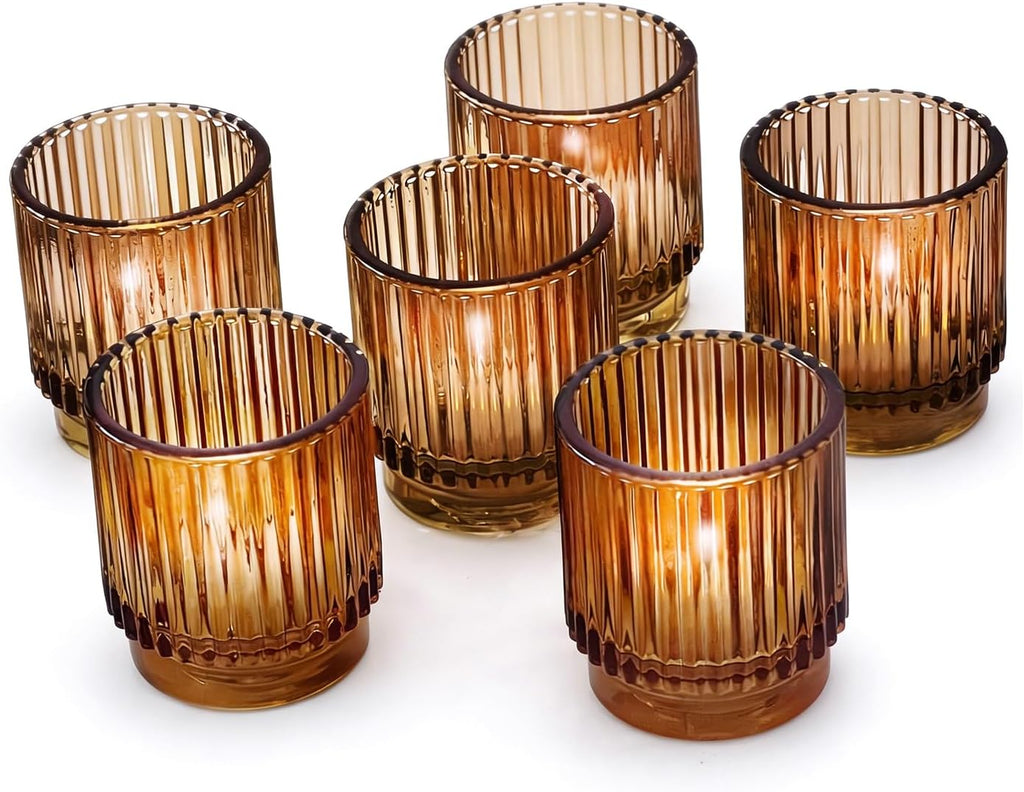 Vintage Glass Tealight & Amber Votive Candle Holders (Set of 6) Rustic Fluted Candle Holder Set, Boho Home Decor