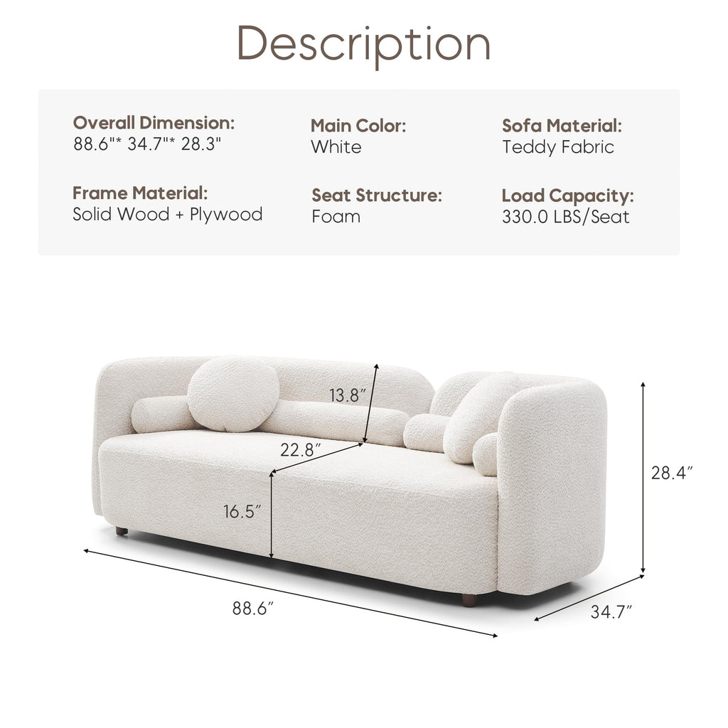 88.58'' 3-Seat Modern Curved Boucle Sofa, Cozy Thick Upholstered Teddy Loveseat, Half Moon Aesthetic Design Sherpa