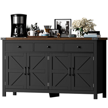 63" Sideboard Buffet Cabinet with Storage, Coffee Bar with 3 Drawers and 4 Barn Doors, Long Wider Storage Cabinet