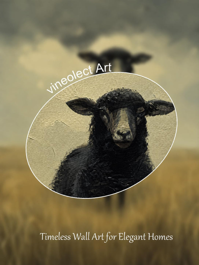 Gold Framed Wall Art Vintage Black Sheep Animal Painting Farmhouse Wall Decor Rustic Farm Animal Picture Moody