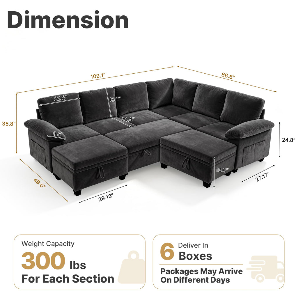 Oversized Sectional Sleeper Couch, 8 Seat Modular Sofa Pull-Out Storage Bed