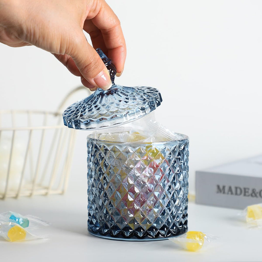 Diamond Faceted Crystal Glass Candy Jar with Lid, Blue Decorative Jar, Jewelry Box, Cotton Swab Storage Holder.